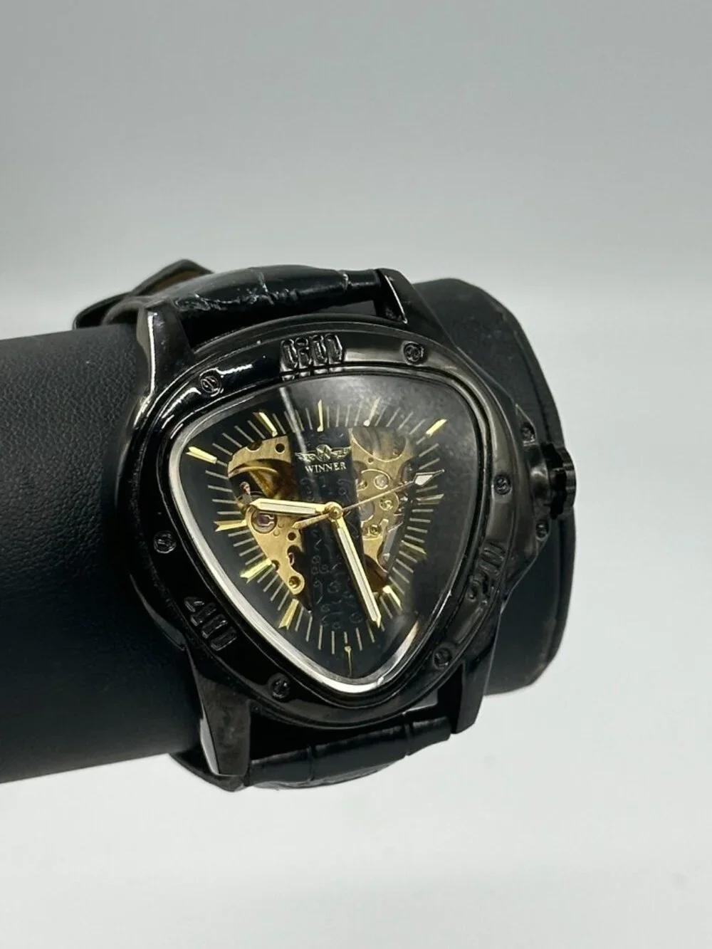 Winner Automatic Watch 49mm Black Triangle Case Skeleton Dial Leather Band